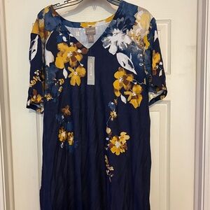 Chico's Navy Floral V-Neck Midi Dress with Yellow & White Blooms